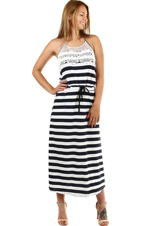 Summer long women's dress in navy style with lace blue and white stripes straight cut long length without sleeves tying