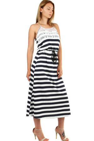 Summer long women's dress in navy style with lace blue and white stripes straight cut long length without sleeves tying