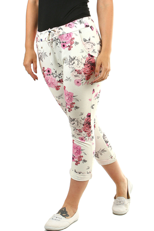 Summer floral women's pants shortened leg length in white with a print of colorful flowers elastic waist and drawstring at