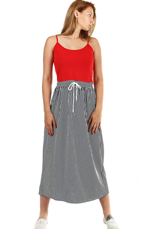 Summer maxi women's striped dress longer cut narrow straps, sleeveless round neckline one-color upper part skirt and striped