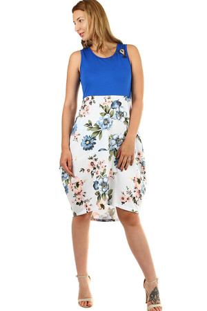 Floral women's summer dress with a balloon cut skirt one-color upper part without sleeves on wider hangers with a round