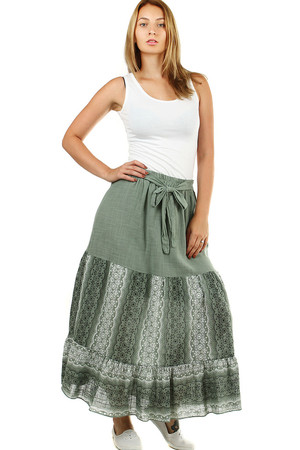 Women's patterned maxi skirt elastic waist with rubber and fabric strap for tying A widening cut comfortable and airy on the