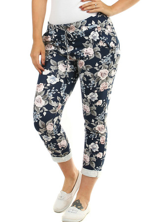 Women's cotton 7/8 pants with roses shortened leg length in dark blue with a print of colorful flowers elastic waist and