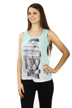Women's singlet with print and with rhinestones in the inscription. Very pleasant. Material: 85% cotton, 10% polyester,