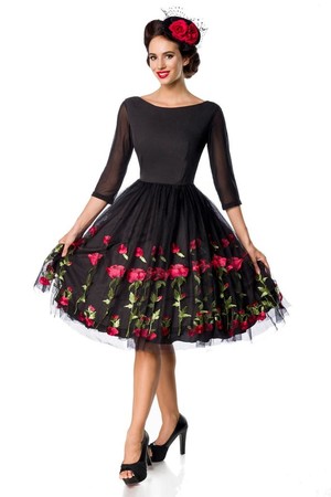 Vintage women's black luxury dress with embroidery of roses boat neckline 3/4 mesh sleeve layered rich round skirt tulle