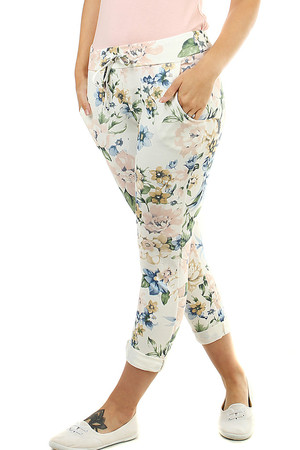 Summer floral ladies trousers shortened leg length in white with colourful flower print normal seat height elasticated