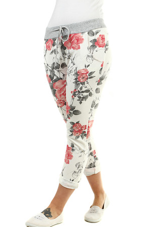Women's floral 7/8 cotton trousers shortened leg length white with colourful flower print normal seat height gray ribbed