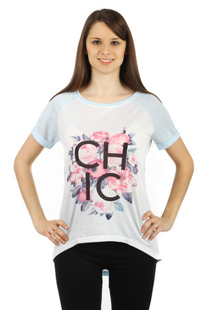 Fashionable t-shirt with trendy print. Rear part longer than front. Material: 95% viscose, 5% elastane