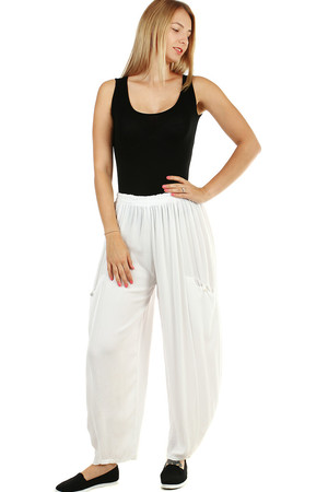 Women's wide harem airy summer pants monochromatic free comfortable cut wide cut leg elastic waist with sewn rubber adapts to