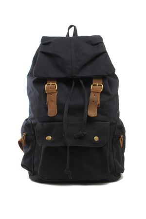 Retro big tourist backpack made of canvas with leather details details and genuine leather straps the main drawstring