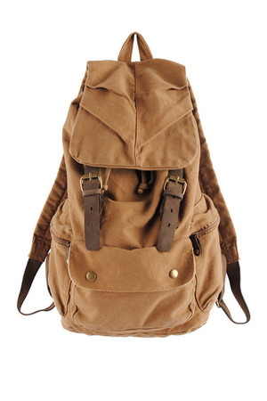 Retro big tourist backpack made of canvas with leather details details and genuine leather straps the main drawstring