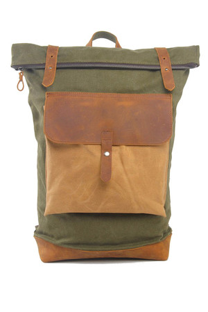 Canvas scroll large backpack with leather details fashion retro design main compartment with zipping and bend with leather