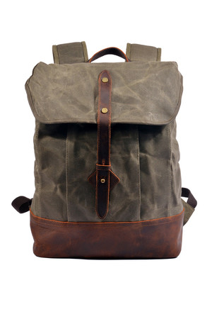 Large waterproof canvas backpack with leather details retro design main section with lapel and leather strap inside