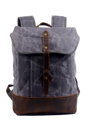 Large waterproof canvas backpack with leather details retro design main section with lapel and leather strap inside