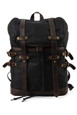 Retro big backpack made of canvas with genuine leather details details and genuine leather straps the main drawstring