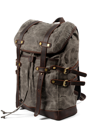 Retro big backpack made of canvas with genuine leather details details and genuine leather straps the main drawstring