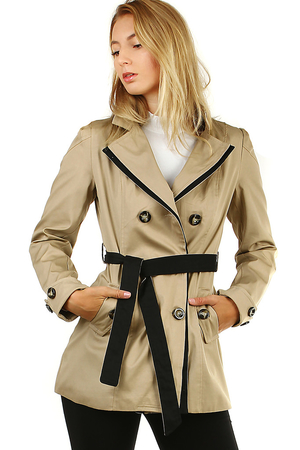 Women's trench coat - a short jacket with two-row buttons and a belt. two-color combination - the edging at the fastening is