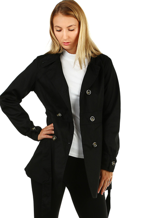 Women's trench coat - a short jacket with two-row buttons and a belt. practical side pockets with a bow-shaped flap the