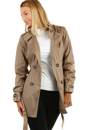 Women's trench coat - a short jacket with two-row buttons and a belt. practical side pockets with a bow-shaped flap the