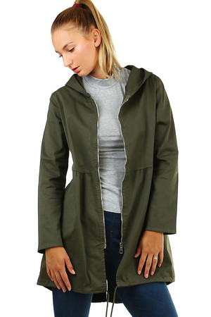 Parka jacket for the transition of seasons without lining with zipper and hood. practical side pockets cut and slightly