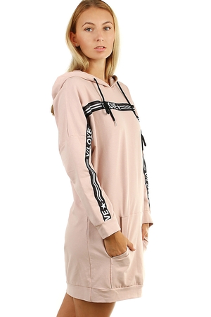 One-color longer sweatshirt - dress with application with an inscription in a contrasting color over the front and both