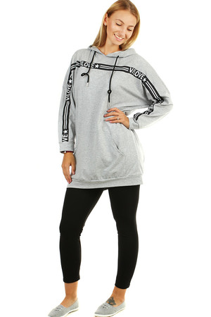 One-color longer sweatshirt - dress with application with an inscription in a contrasting color over the front and both