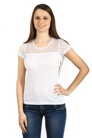 Beautiful T-shirt with transparent inset at the top. Round neck and short sleeve. Material: 50% cotton, 45% polyester, 5%