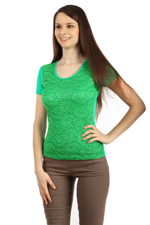 Women's elegant t-shirt with short sleeves. The lace front is lined with an opaque fabric. Back trim filled with lace inset.