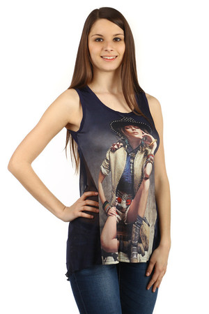 Women's tank top with print and stones in the front. Back combined with transparent part. Material: 35% cotton, 60%