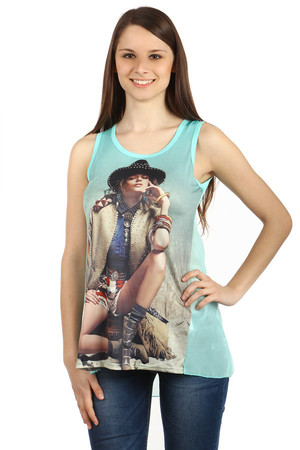 Women's tank top with print and stones in the front. Back combined with transparent part. Material: 35% cotton, 60%
