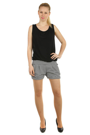 Modern ladies summer overall. Strapped at the back. Upper part double. Wide straps. Striped shorts. Import: Italy Material: