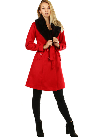 Women's fleece coat monochromatic design áčkový střih collar with removable fur button fastening side pockets with