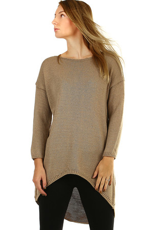 Longer women's oversized sweater with an extended back. warm material with wool content plain knit with ribbed hem the front