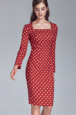 Women's formal dress to the knees with an ageless polka dot pattern and long sleeves. Elegant and fashionable retro look case