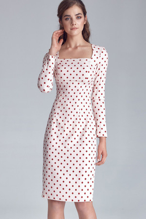 Women's formal dress to the knees with an ageless polka dot pattern and long sleeves. Elegant and fashionable retro look case