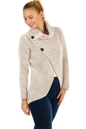 Knitted women's sweater with buttons longer cut on the forefoot with a fake button flap in the lower part of the front part