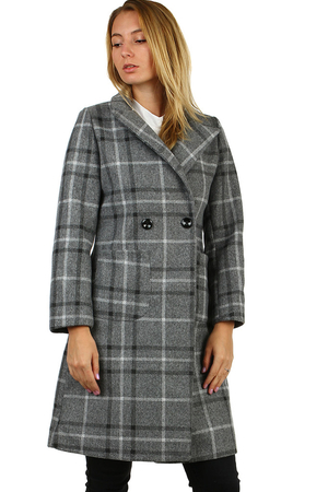 Elegant women's coat with a checkered pattern in a classic ageless style straight cut length above the knees fastening the