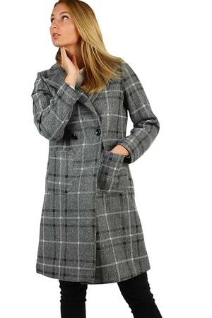 Elegant women's coat with a checkered pattern in a classic ageless style straight cut length above the knees fastening the