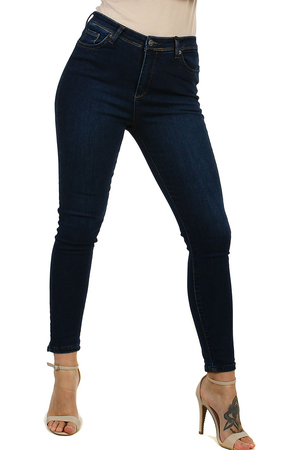Elegant narrow women's jeans in dark blue. high waist narrow leg cut classic zip and button closure two front pockets on the