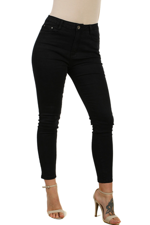 Narrow women's black jeans. high waist narrow leg cut classic zip fastening and brass knob two front pockets on the sides