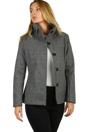 Transitional women's short coat suitable for autumn or spring. fitted shorter cut it is fastened with a button placket,