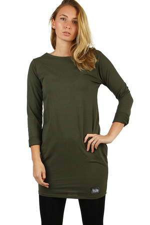 Women's cotton dress in one color free sheath cut shorter length round neckline long sleeve two pocket pockets on the sides