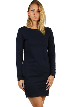 Women's cotton dress in one color free sheath cut shorter length round neckline long sleeve two pocket pockets on the sides