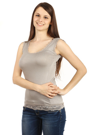 Women's plain top, single color. Lace sewn round neckline and bottom hem. Import: Italy Material: 95% viscose, 5% elastane