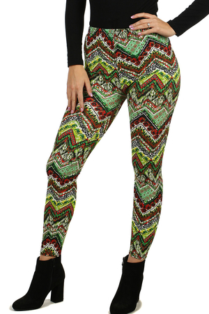 Unusual elegant women's leggings with a colorful geometric pattern. flexible material rubber sewn into the waist high