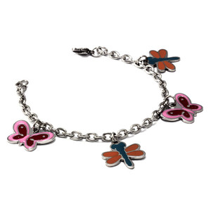 Surgical steel bracelet with colorful butterflies and dragonflies. length adjustable 0 - 18,5cm butterfly size 22mm x 15mm
