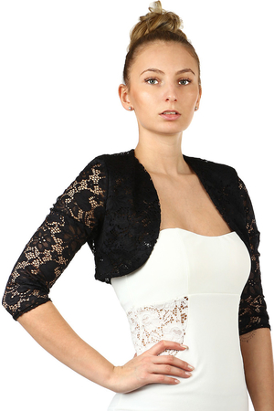 Social women's bolero with a floral lace motif. doubled fabric on the front 3/4 sleeve Use: for balls, weddings,