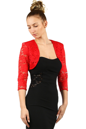 Social women's bolero with a floral lace motif. doubled fabric on the front 3/4 sleeve Use: for balls, weddings,