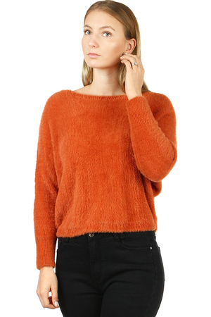 Hairy women's sweater in many colors. shorter waist length boat neckline bat-cut sleeves sewn from a very warm material very
