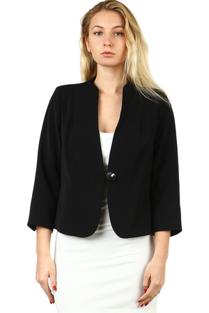 Elegant women's monochrome formal jacket with 3/4 sleeves. has a shorter length made of several stitched parts - it hides
